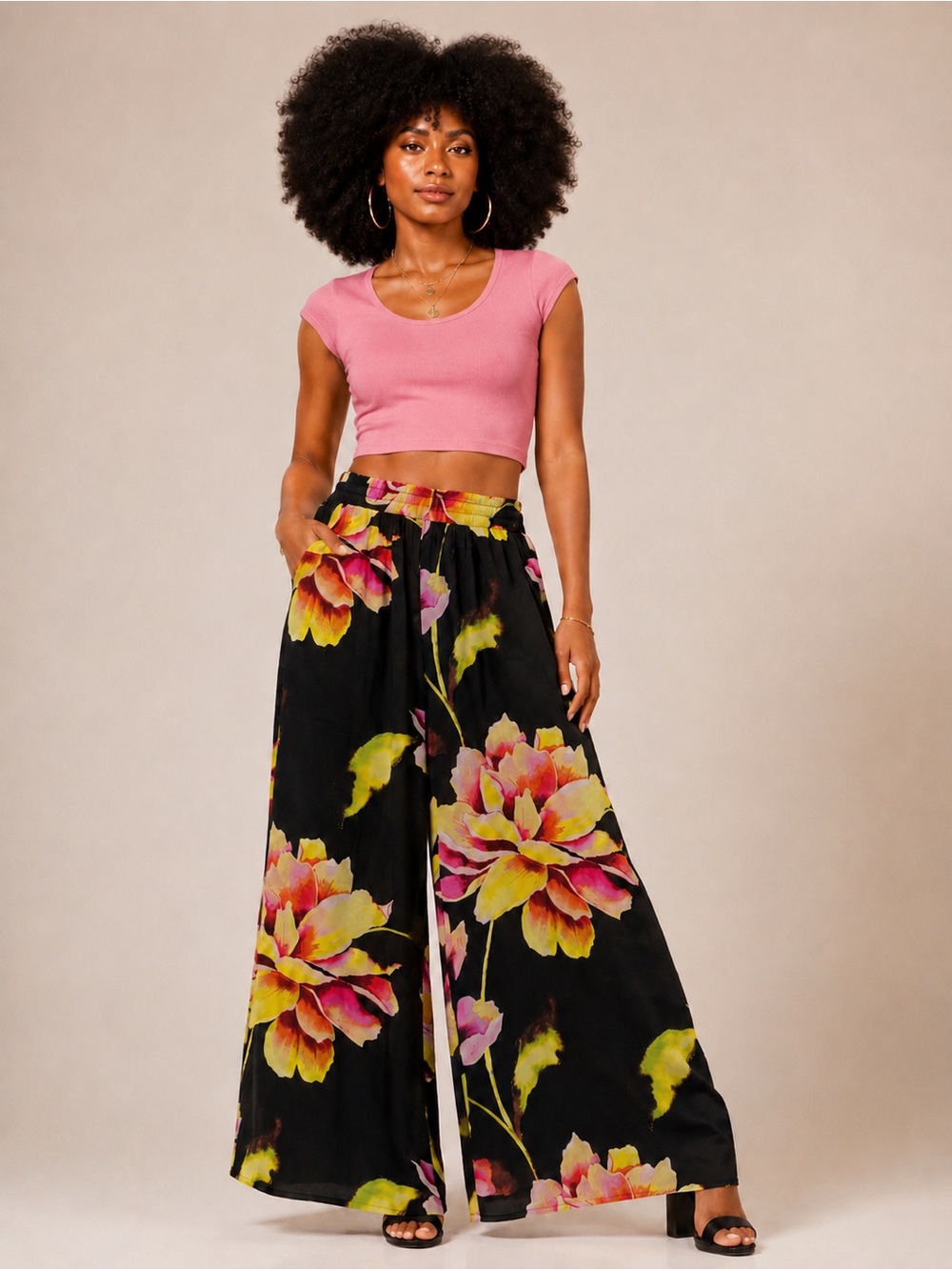 LIVE 4 TRUTH Floral Wide Leg Palazzo Pants Black Multicolor NWT Juniors Large